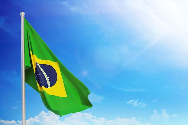 Bandera de Brasil ondeando textura muy detallada con fondo de cielo azul brillante, renderizado 3d