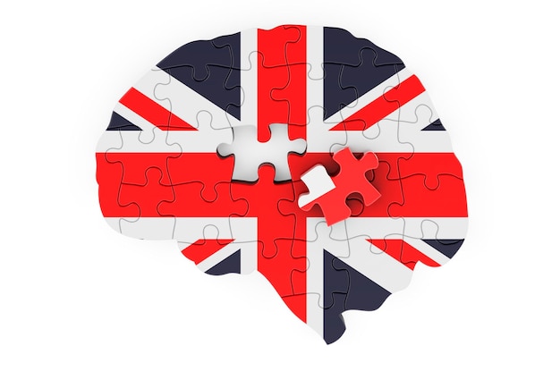 Bandera británica pintada en el cerebro de rompecabezas