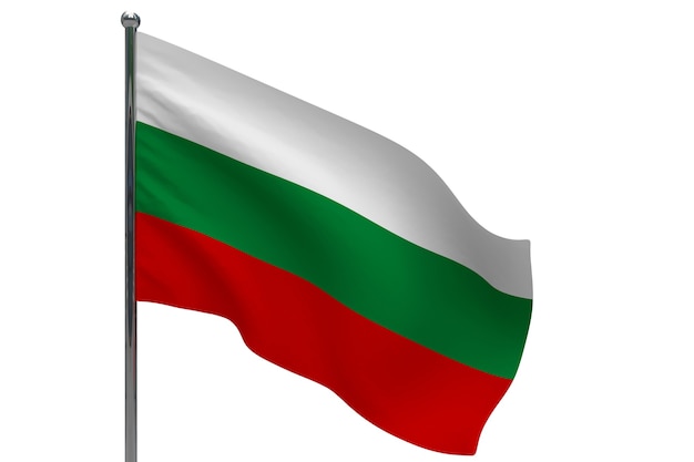 Bandera de Bulgaria en la pole. Asta de bandera de metal. Bandera nacional de Bulgaria ilustración 3D en blanco