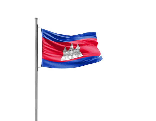 La bandera de Camboya ondeando en un poste contra un fondo blanco