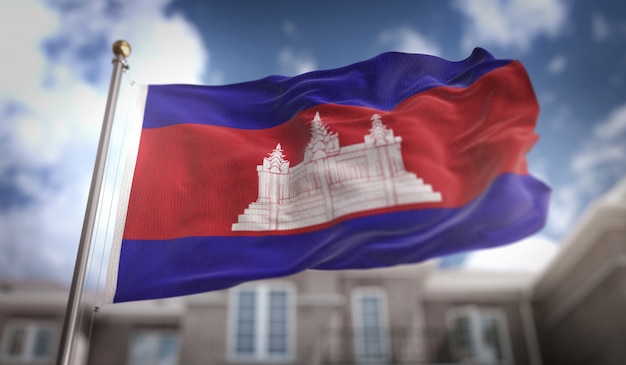 Bandera de Camboya Representación 3D en el fondo del edificio de cielo azul