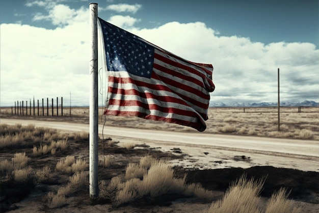 Una bandera en un camino de tierra con una carretera al fondo