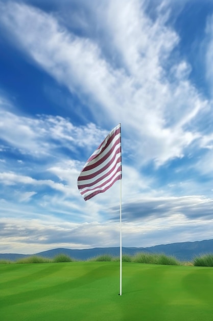 Bandera del campo de golf ondeando en el viento con un hermoso cielo de fondo creado con IA generativa