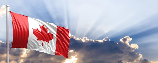 Bandera de Canadá en el cielo azul ilustración 3d