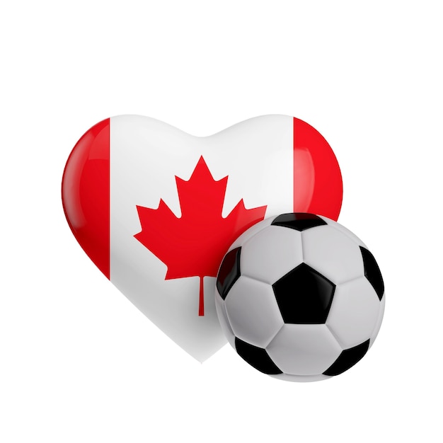 Bandera de Canadá en forma de corazón con un balón de fútbol Love football 3D Rendering