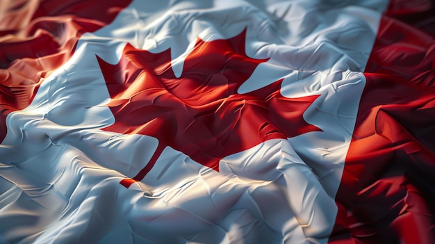 Foto una bandera de canadá con una hoja de arce roja sobre un fondo blanco la bandera está soplando en el viento y la hoja de arces está en foco