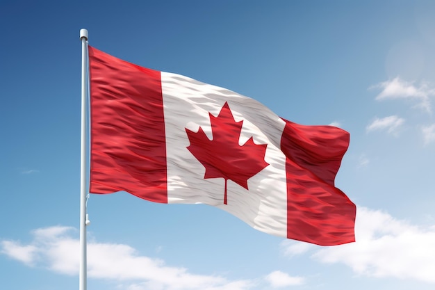 Bandera de Canadá ondeando en el viento contra un cielo azul Representación 3D Bandera de Canadá ondeando al aire libre Generado por IA