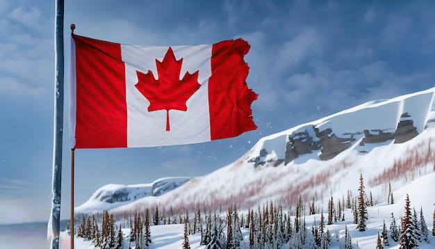 Una bandera canadiense cuelga frente a una montaña nevada.