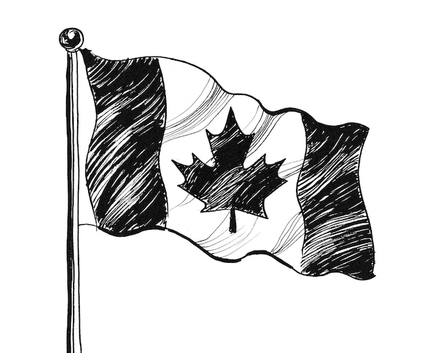 Bandera canadiense. Dibujo a tinta en blanco y negro