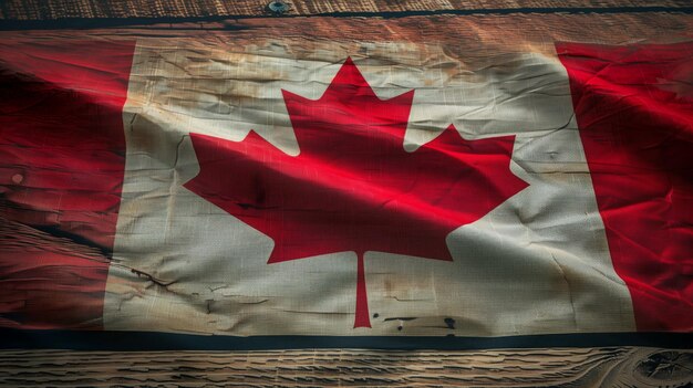 Foto una bandera canadiense expuesta en una superficie de madera