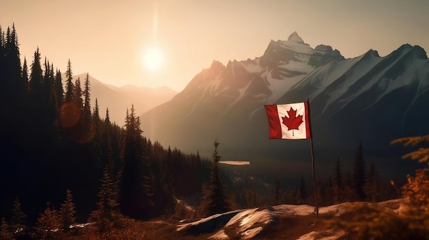 Una bandera canadiense ondea frente a una cordillera Día de Canadá