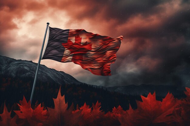 La bandera canadiense ondeando en el vibrante telón de fondo de otoño generado