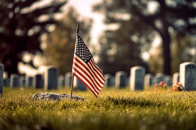 Una bandera en un cementerio con un árbol al fondo.