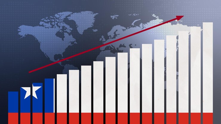 Foto bandera de chile en el concepto de gráfico de barras con valores crecientes de recuperación económica y mejora empresarial después de la crisis y otras catástrofes a medida que la economía y las empresas reabren de nuevo