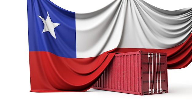 La bandera de Chile cubrió un contenedor de transporte comercial 3D Rendering