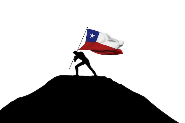 La bandera de chile es empujada a la cima de la montaña por una silueta masculina 3d rendering