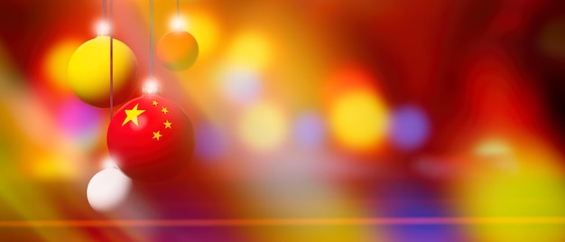 Bandera china en bola de Navidad con fondo borroso y abstracto