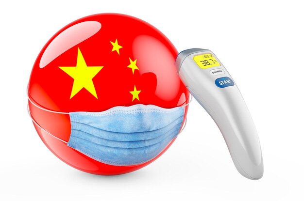 Bandera china con máscara médica y termómetro electrónico infrarrojo Pandemia en China concepto representación 3D