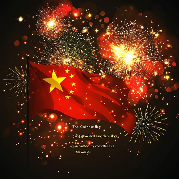 La bandera china ondeando contra un telón de fondo de fuegos artificiales