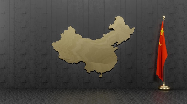 Bandera de China en la pared con el trabajo 3D del mapa dorado de China e imagen 3D