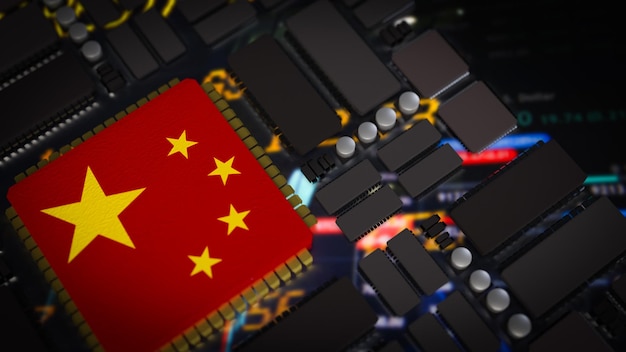 La bandera china en la placa de PCB para el concepto de tecnología de renderización 3D