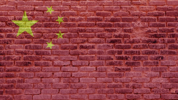 Bandera de China sobre fondo de pared de ladrillo en la calle de la ciudad con espacio de copia Textura de ladrillos de piedra antigua exterior con banner de China Concepto de relaciones diplomáticas internacionales