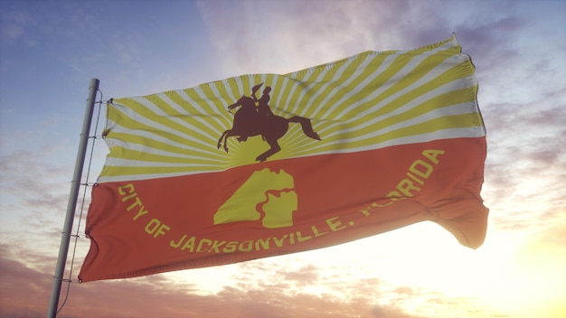 Bandera de la ciudad de Jacksonville ondeando en el fondo del viento, el cielo y el sol. Representación 3d