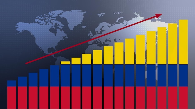 Bandera de Colombia en el concepto de gráfico de barras con valores crecientes de recuperación económica y mejora empresarial después de la crisis y otras catástrofes a medida que la economía y las empresas reabren de nuevo