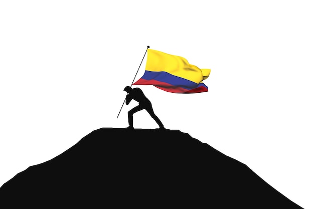 La bandera de Colombia es empujada a la cima de la montaña por una silueta masculina 3D Rendering