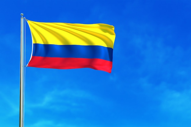 Bandera de Colombia en la representación 3d del fondo del cielo azul