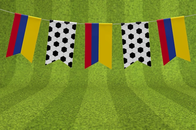 Bandera de Colombia y textura de balón de fútbol banderines de bandera de fútbol 3D Rendering