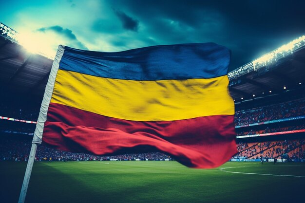 Bandera colombiana en el marcador de un estadio de fútbol