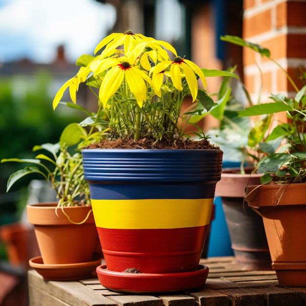 La bandera colombiana en una olla de plantas