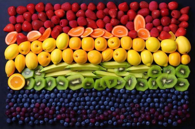 Bandera de colores del arco iris hecha de fruta ilustración generativa ai