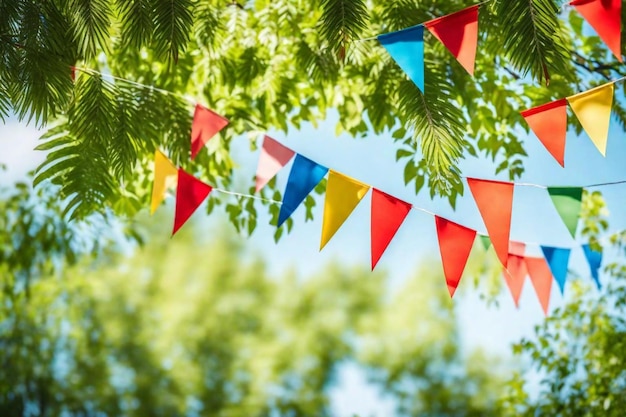 una bandera colorida cuelga de un árbol con las palabras banderas en ella