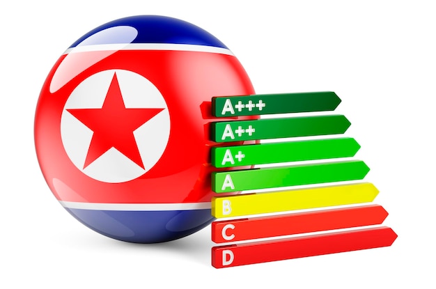 Bandera de Corea del Norte con calificación de eficiencia energética Certificados de rendimiento en el concepto de representación 3D de Corea del Norte