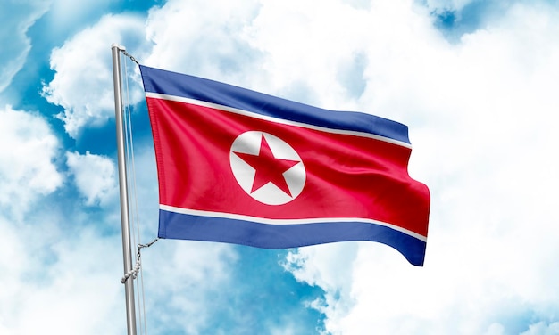 Bandera de Corea del Norte ondeando en el fondo del cielo 3D Rendering