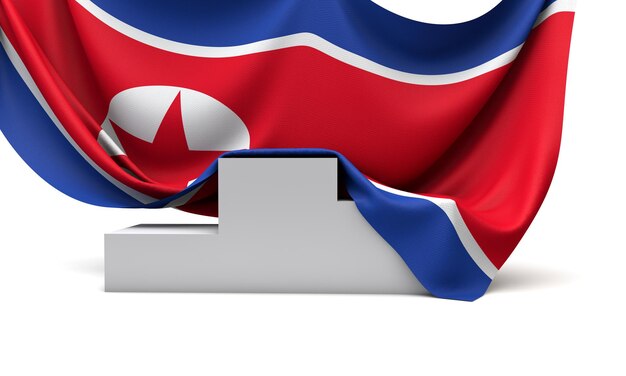 Bandera de corea del norte sobre un podio de ganadores de la competencia d render