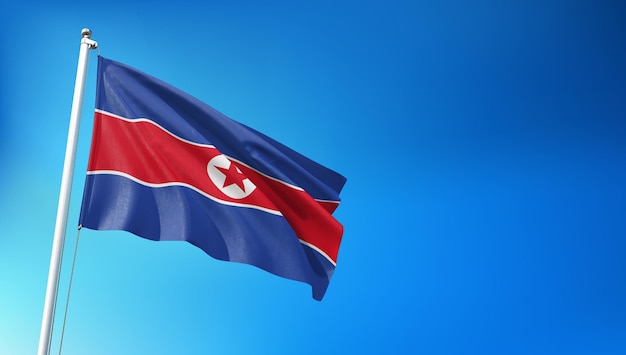 Bandera de Corea del Norte volando sobre fondo de cielo azul 3D Render