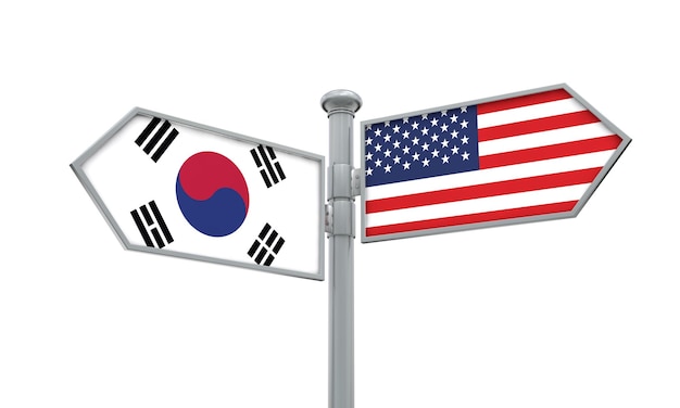 Bandera de Corea del Sur y Estados Unidos moviéndose en diferentes direcciones 3D Rendering