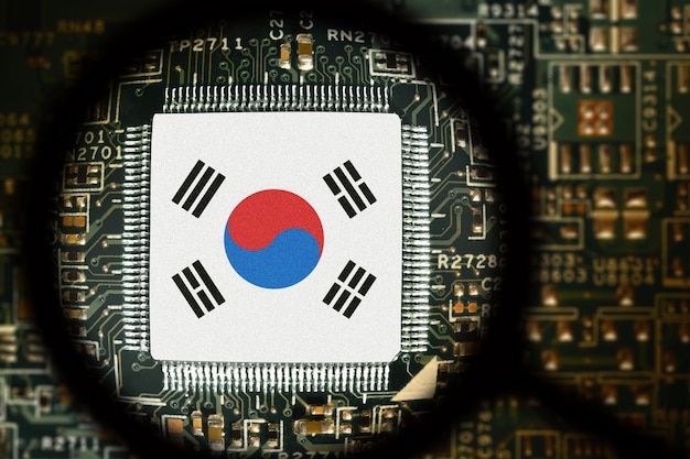 Foto bandera de corea del sur en un procesador placa de computadora con chip vista a través de lupa
