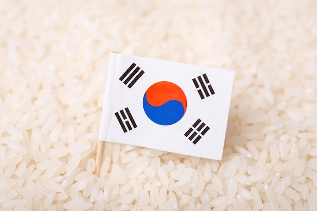 Bandera de Corea del Sur sobre arroz recién cosechado