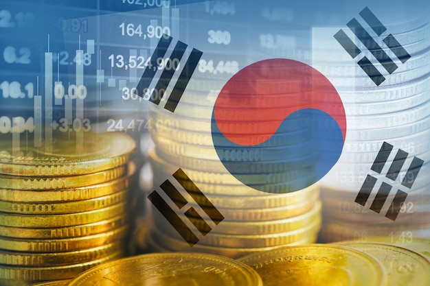 Bandera de corea del sur con la tecnología digital del gráfico de tendencia de la economía financiera del mercado de valores