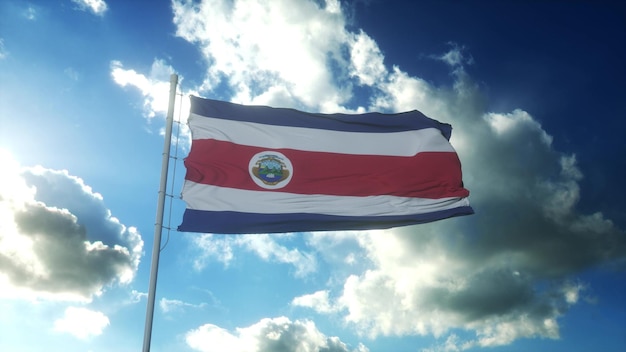 Bandera de Costa Rica ondeando en el viento contra el hermoso cielo azul ilustración 3d