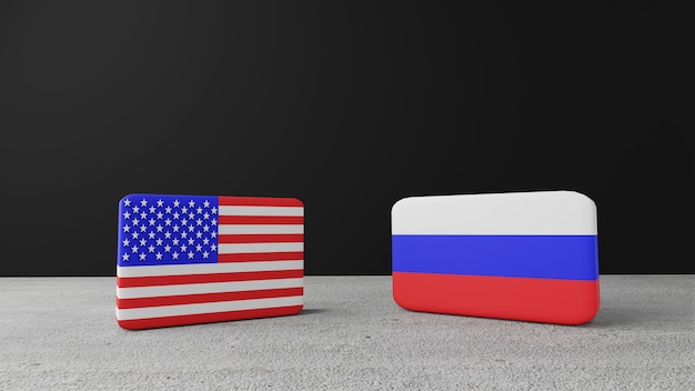 Bandera cuadrada de Estados Unidos de América con la bandera cuadrada de Rusia, render 3d