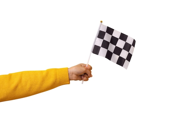 Foto bandera a cuadros en la mano aislado sobre fondo blanco.