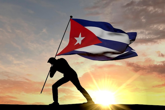 La bandera de Cuba es empujada al suelo por una silueta masculina 3D Rendering