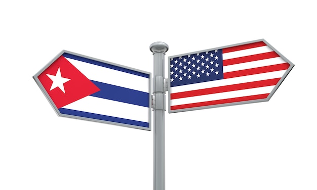 Bandera de Cuba y Estados Unidos moviéndose en diferentes direcciones 3D Rendering