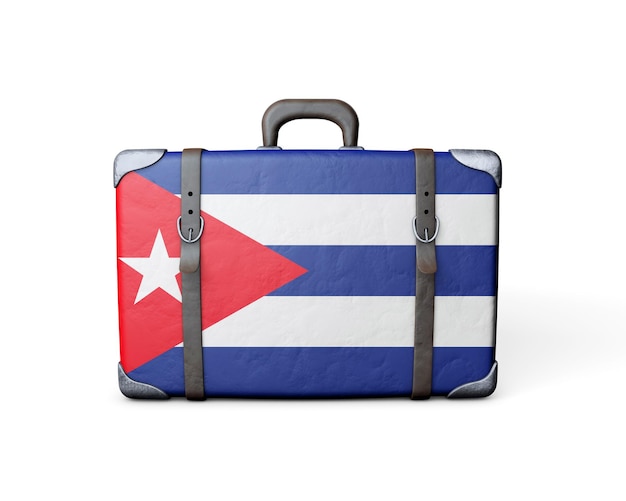 Bandera de Cuba en una maleta de cuero vintage 3D Rendering