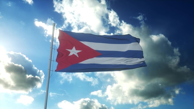Bandera de Cuba ondeando en el viento contra el hermoso cielo azul ilustración 3d